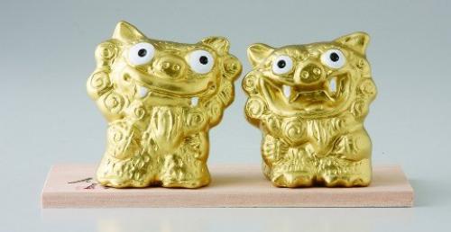 Japan Okinawa Shisa pair Pottery Seto ware Gold from Japan 3395 画像1