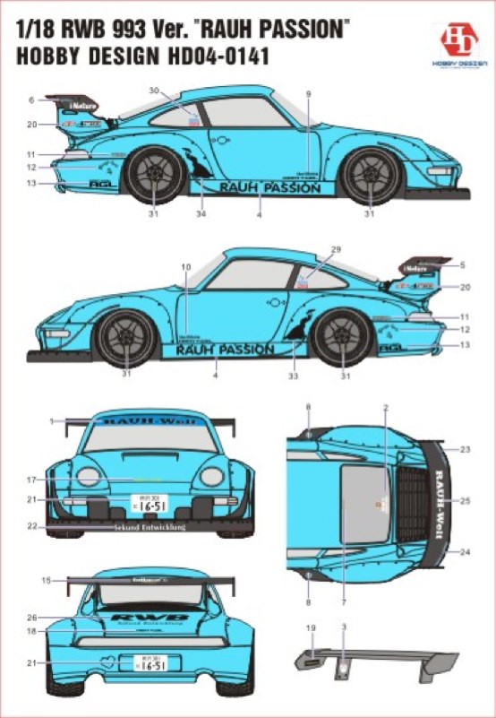 Hobby Design 1/18 RWB 993 Decal Ver.  Rauh Passion from Japan 10502 画像1